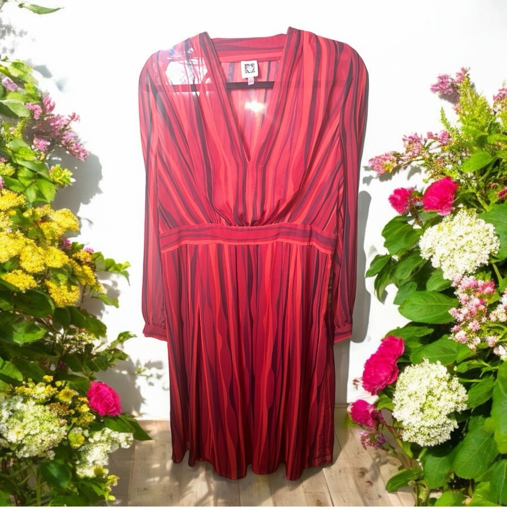 Vintage boho red striped midi dress, V-neck, long sleeves, sheer, flowy. Size 14